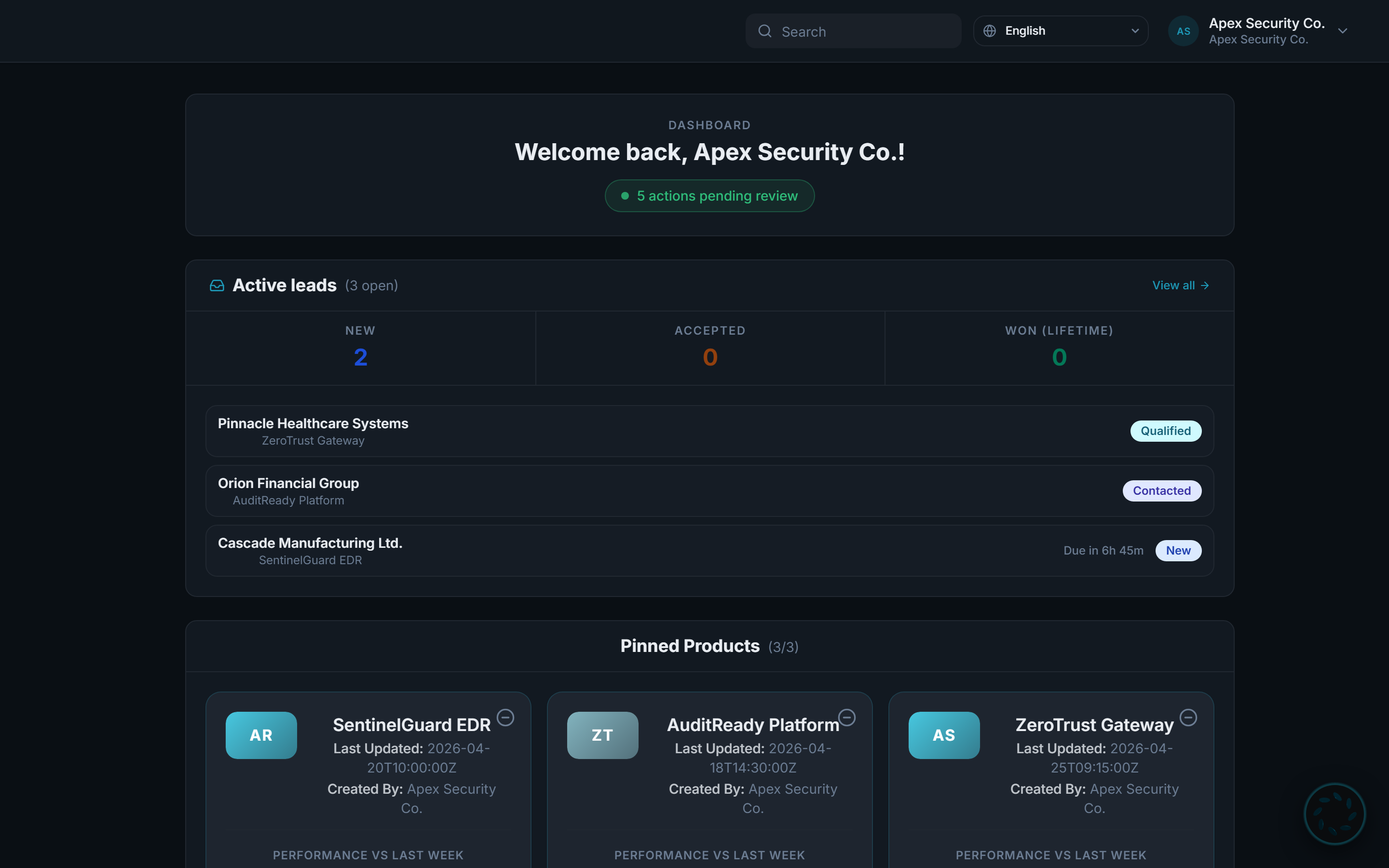 Vendor dashboard with active leads, pinned products, and pipeline management